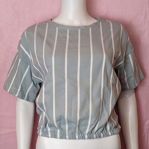 Urban Outfitters Light Blue Braided Stripes Elastic Hem Short Sleeve Crop Top - Picture 1 of 7